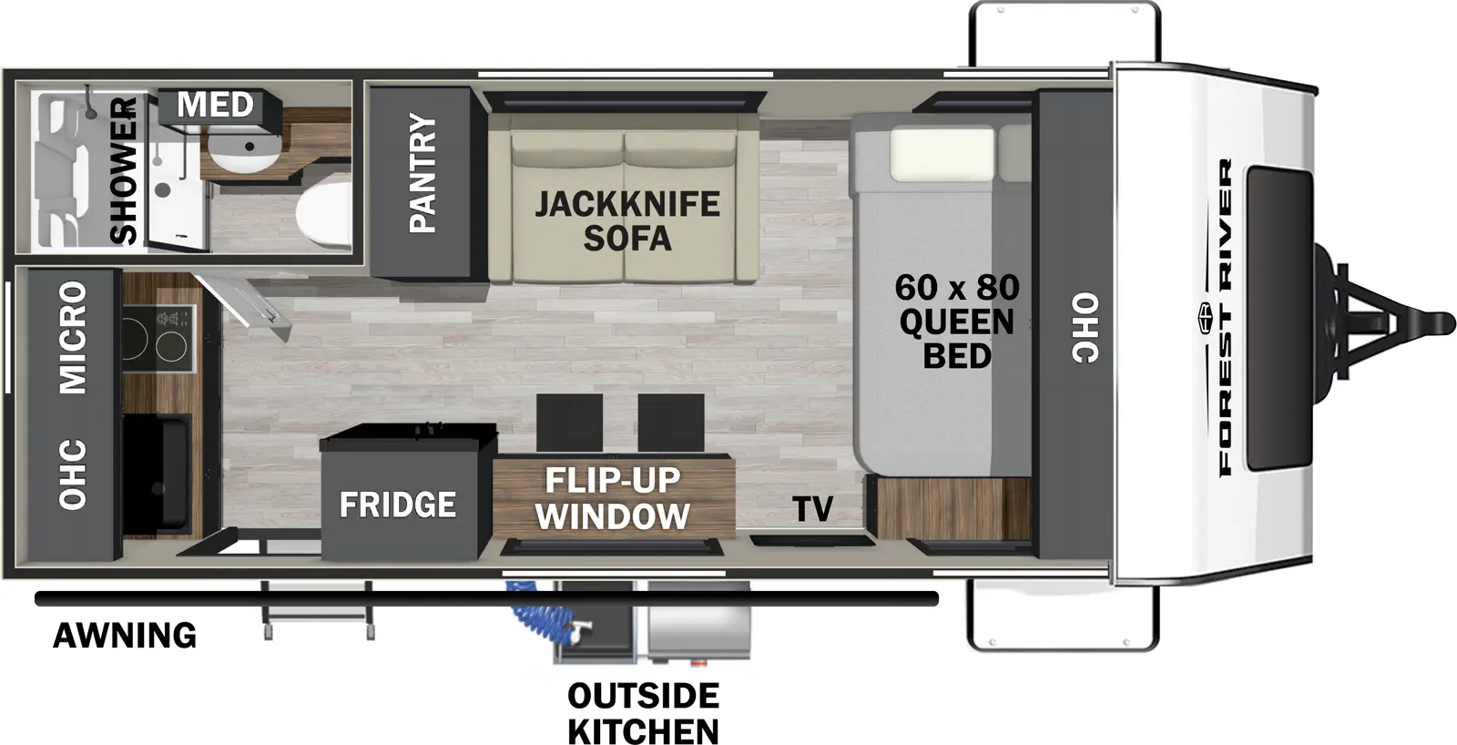 The Ibex 16MBJ floorplan has one entry and zero slide outs. Exterior features include: fiberglass exterior and outside kitchen. Interiors features include: front bedroom.